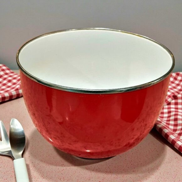 Other - VTG Red Enamel Mixing Bowl w Silver Rim 8.25 x 5.5 Inches Mid Century Farmhouse